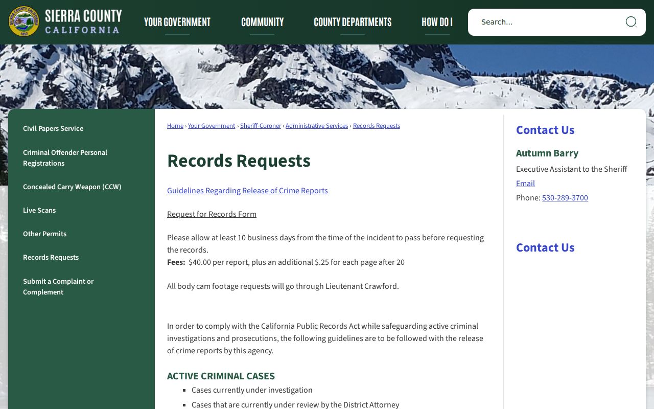 Sierra County Sheriff official records request page