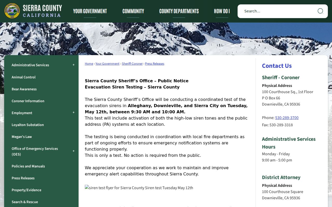 Sierra County sheriff and District Attorney official press releases