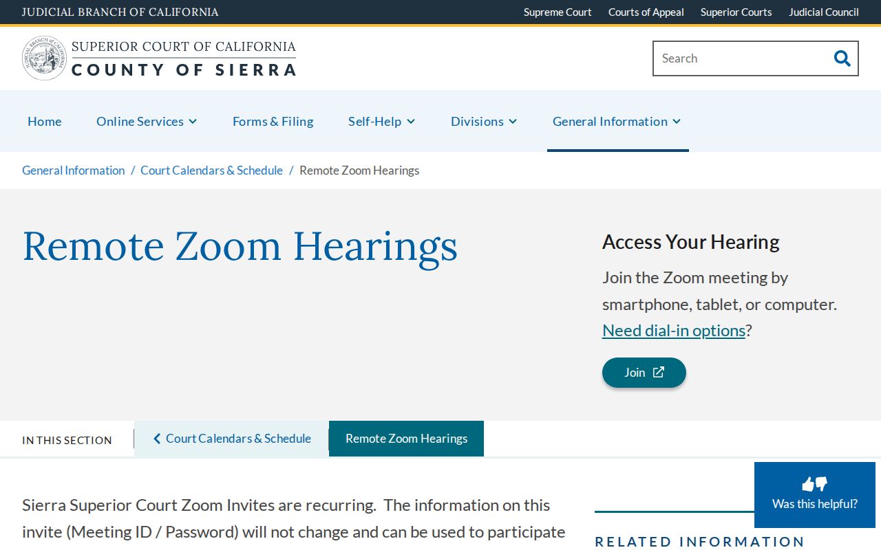 Sierra Superior Court remote Zoom hearing instructions
