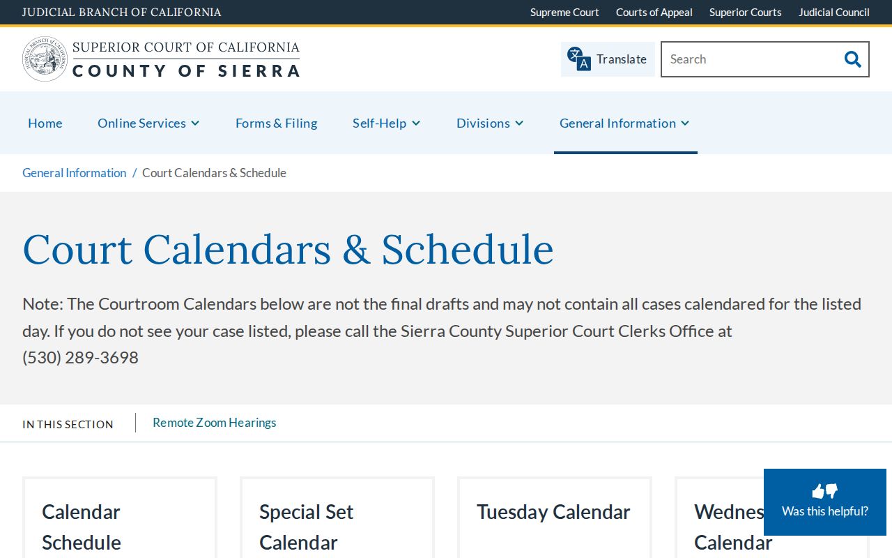 Sierra County criminal court calendar page