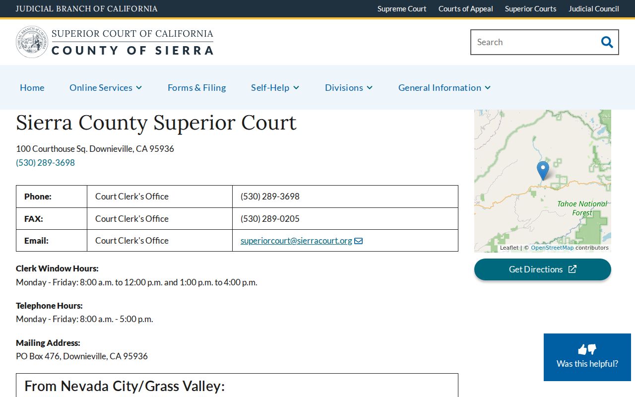 Sierra Superior Court location and clerk hours page