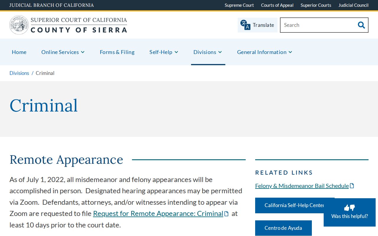 Sierra Superior Court Criminal Division information