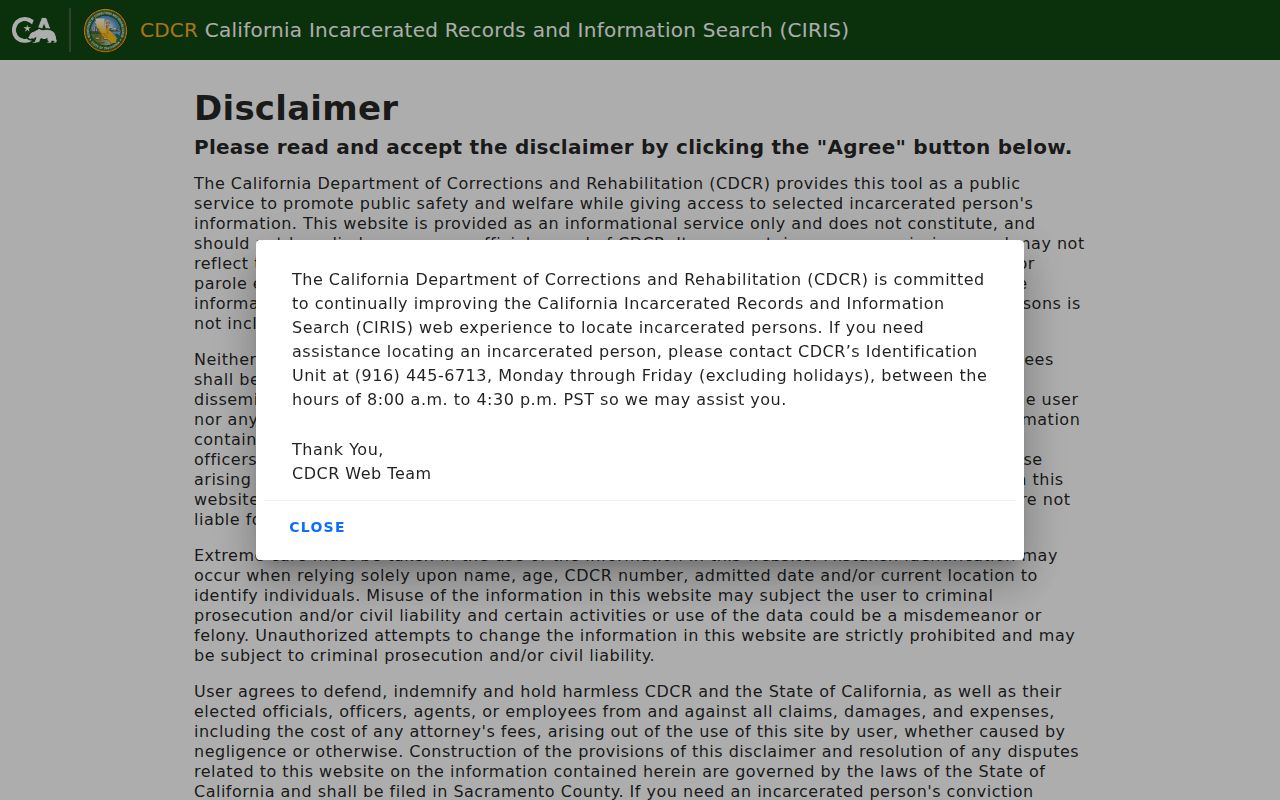 CDCR CIRIS inmate locator search gateway