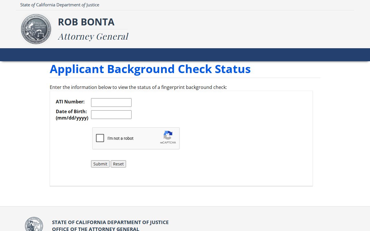 California DOJ applicant background check status page