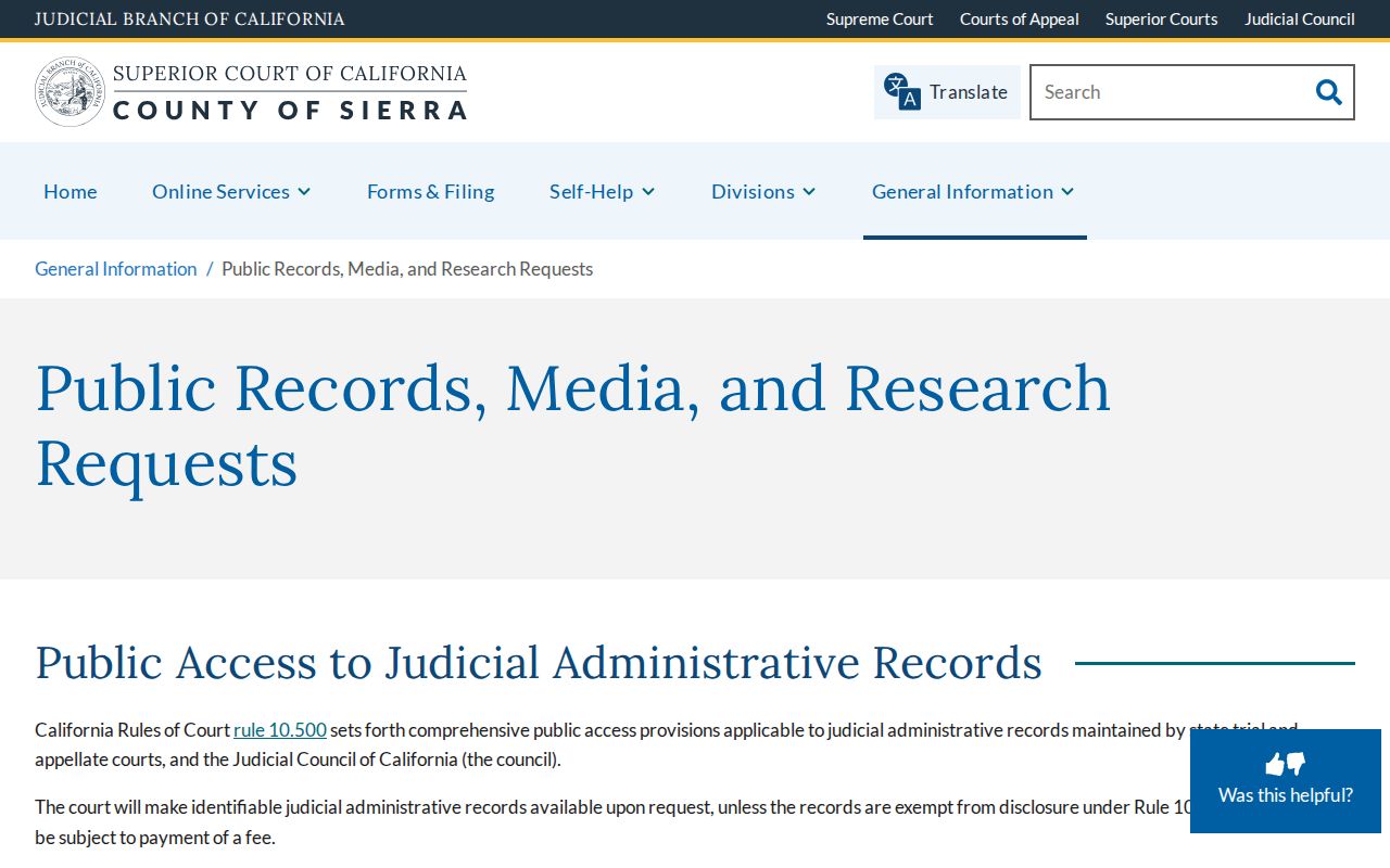 Sierra Superior Court records and research request page