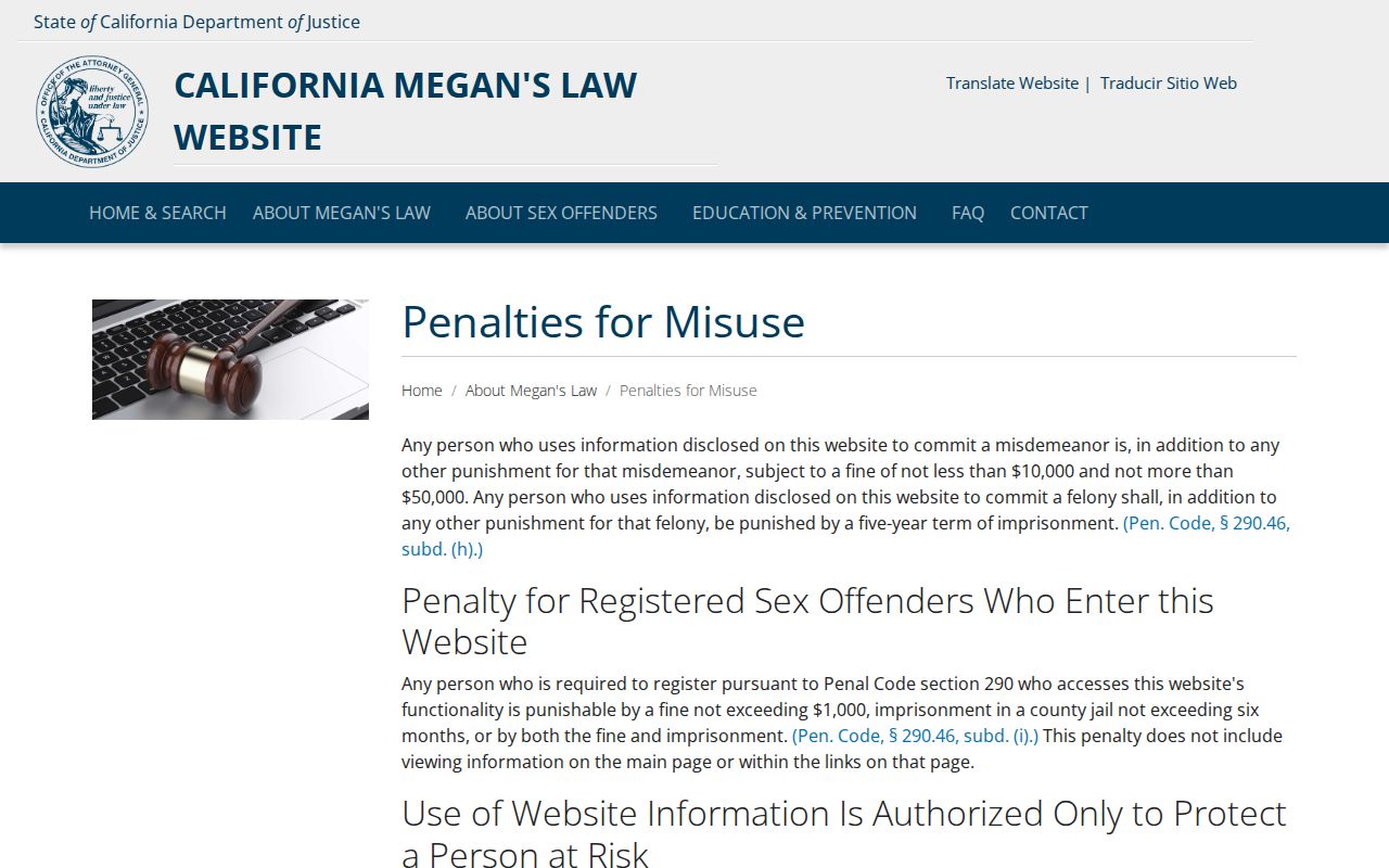 Megan's Law misuse penalties for Sierra County registry information