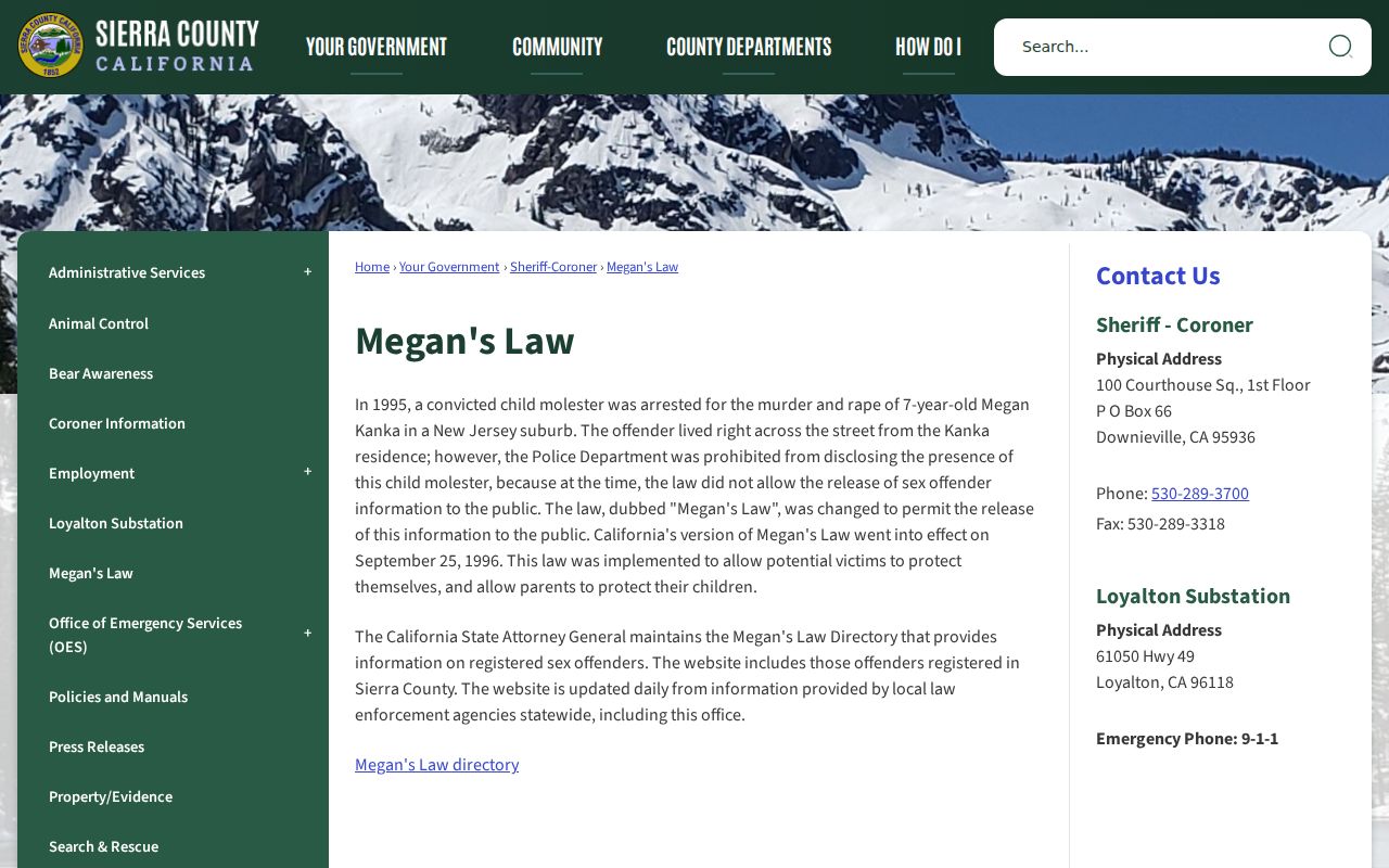 Sierra County sex offender check Megan's Law page